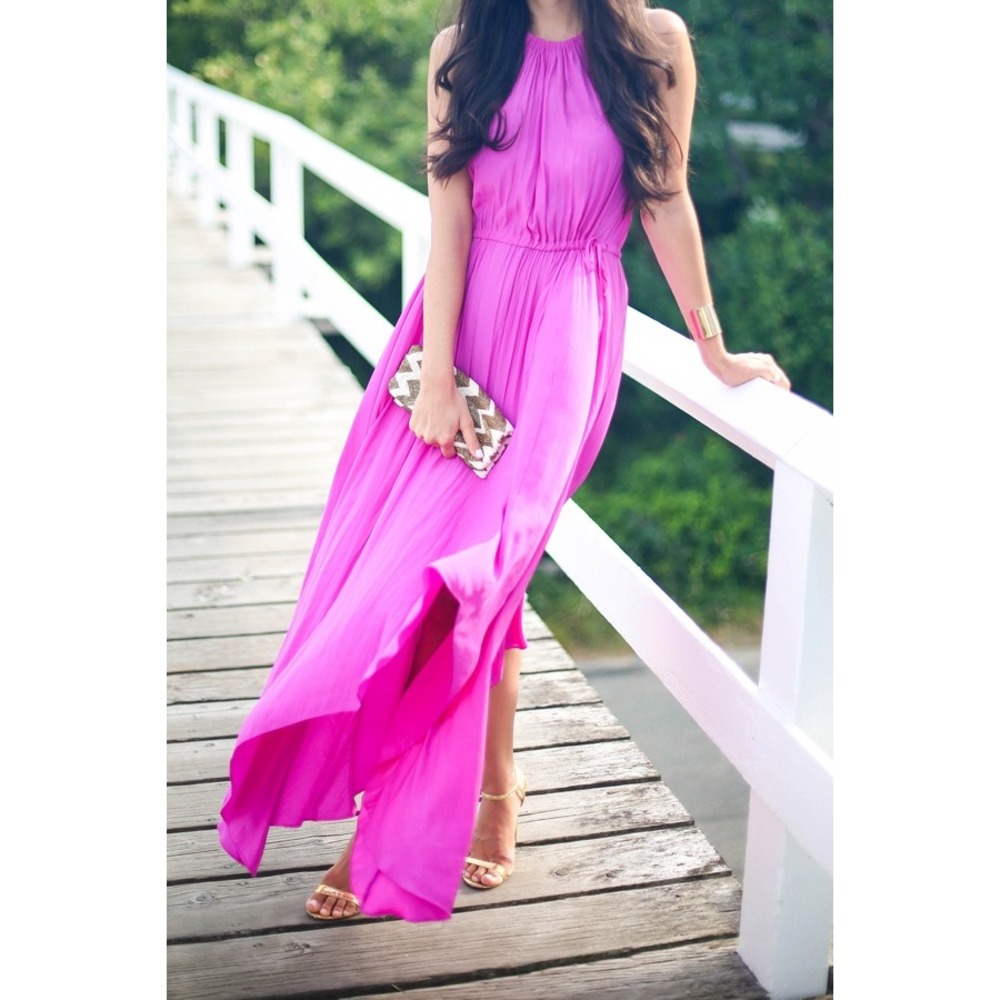Calypso St Barth Magenta Pink Silk Pleated Halter Handkerchief Maxi Dress‎ M